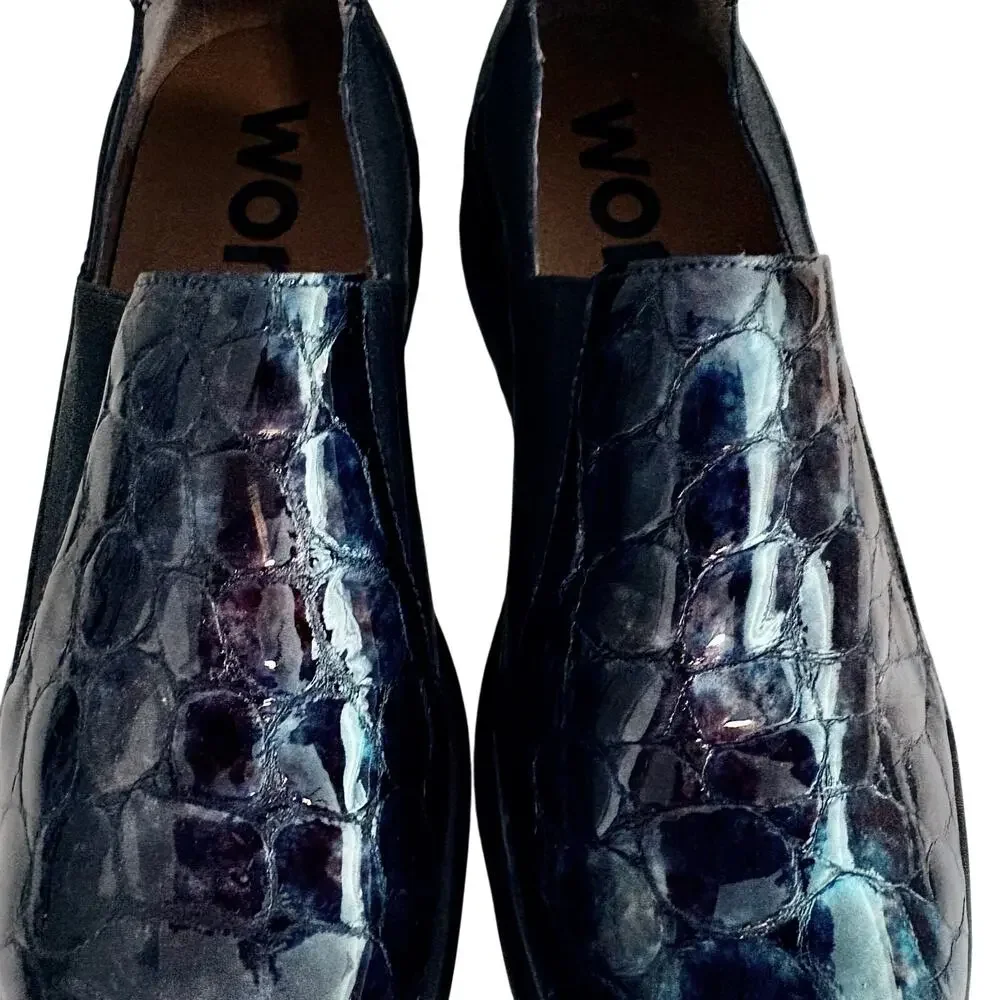 Wonders Spain Barbun Patent Leather Croc Embossed Wedge Platform Slip On Shoes